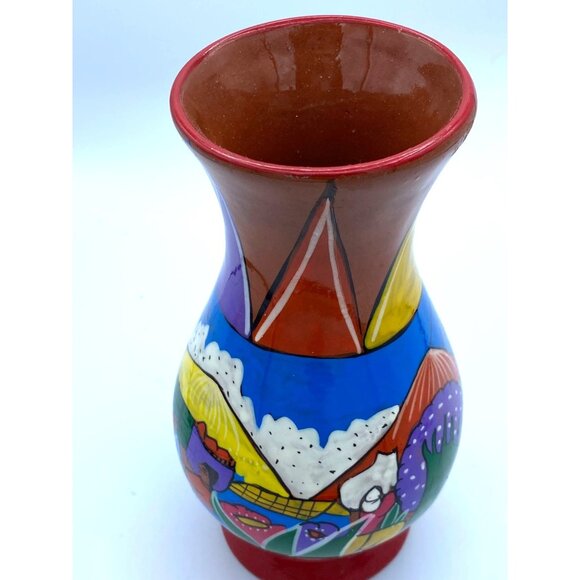Tonala Mexican Pottery Hand Painted Vase Town Scenes - Picture 4 of 5